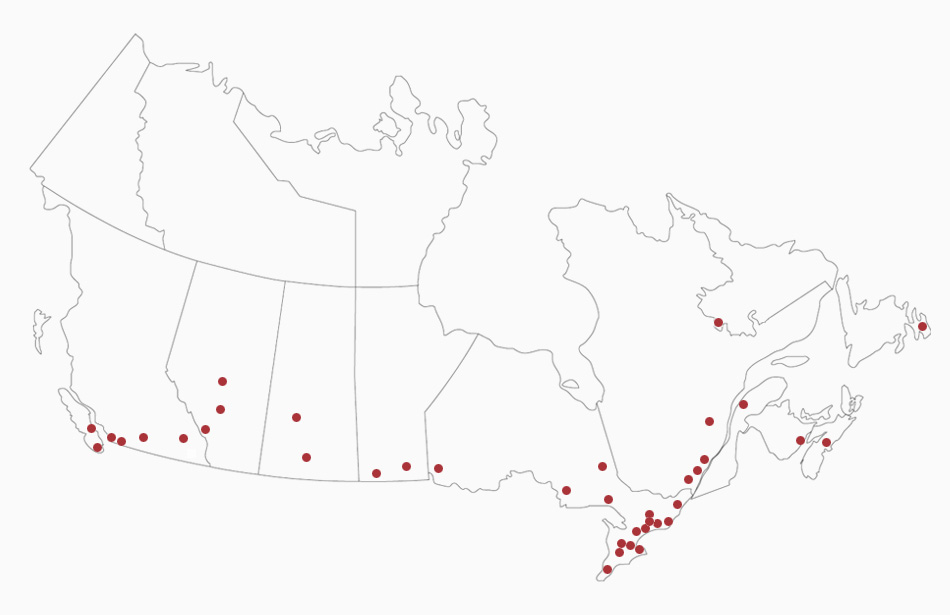 Map of Canada with Pinchin Locations